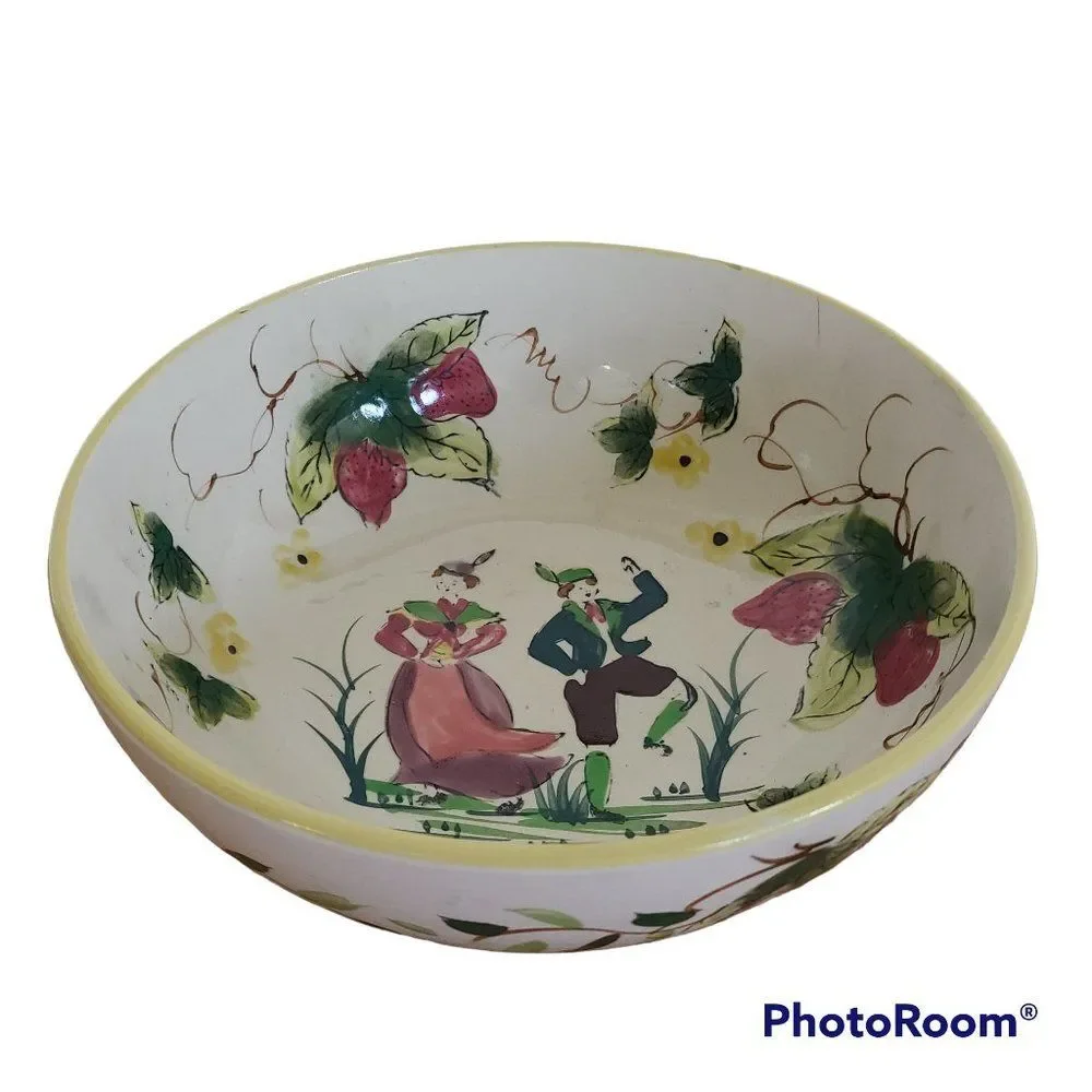 Vintage European Folk Art Handpainted Bowl - Dancing Man and Woman, Strawberries